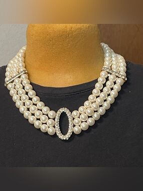 Pearl Multi-Strand Choker Necklace with Rhinestone Oval Accent